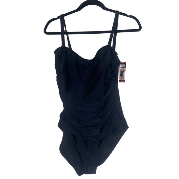 DKNY Womens Black One-Piece Swimsuit XL 4-Way Stretch UPF Front Shirring Adjusta - Picture 1 of 14